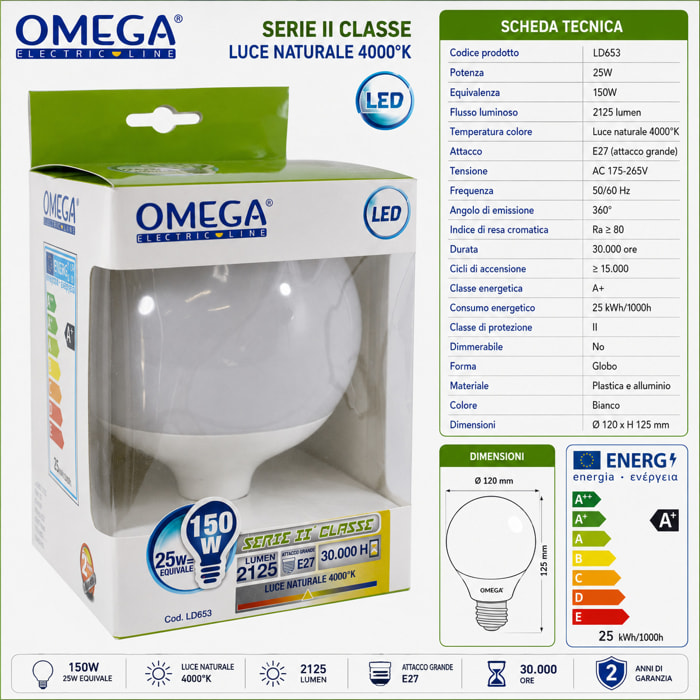 OMEGA Lampada Led Globo Alta Potenza 25W 2125 Lumen E27 4000K