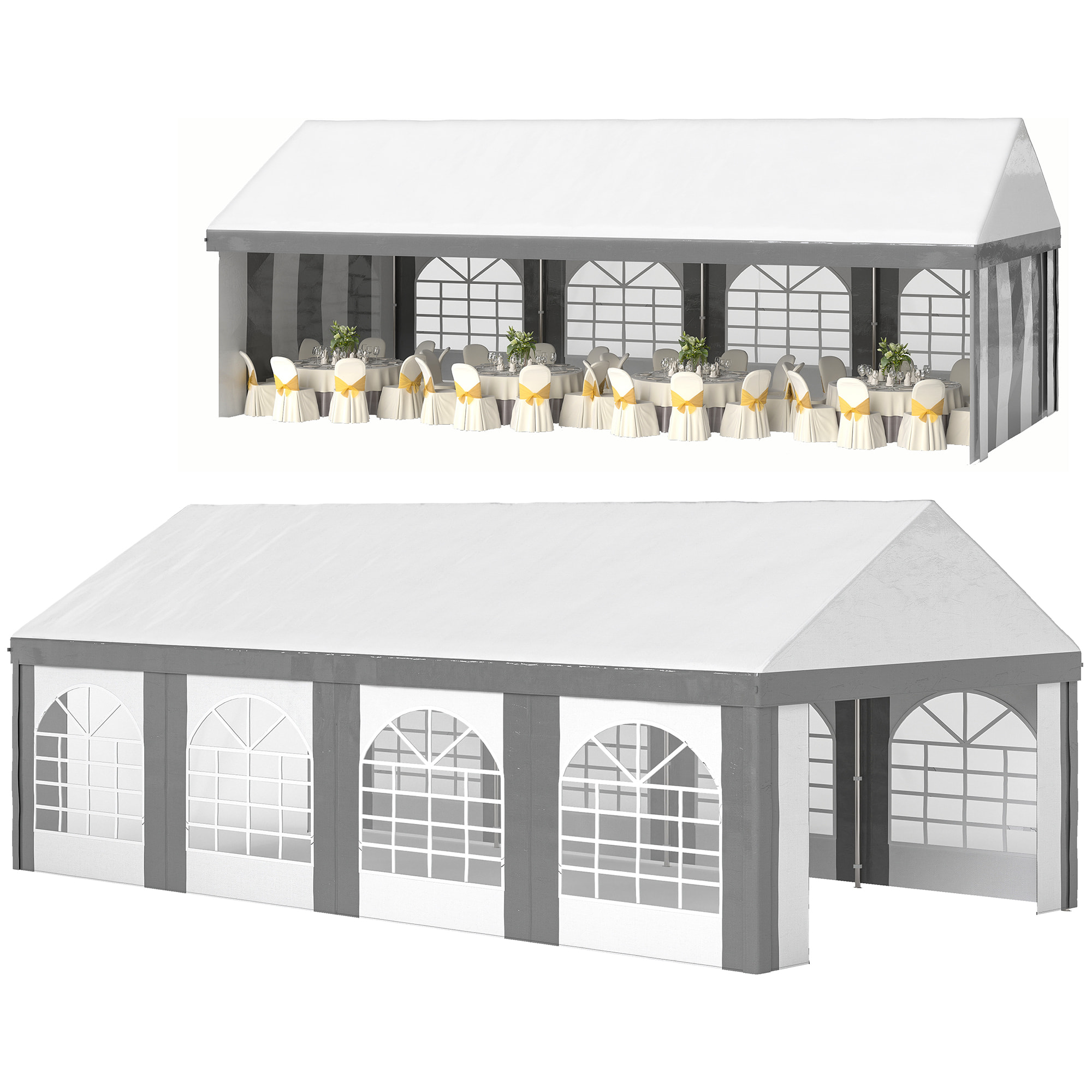 Carpa para Fiesta 4x8 m, Carpa de Jardín con Paredes Laterales Extraíbles, Puertas y Ventanas, Impermeable, Anti-UV, Cenador Gazabo para Boda, Camping, Eventos, Exterior, Gris y Blanco