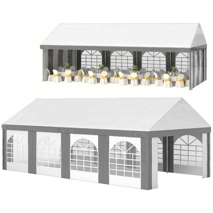Carpa para Fiesta 4x8 m, Carpa de Jardín con Paredes Laterales Extraíbles, Puertas y Ventanas, Impermeable, Anti-UV, Cenador Gazabo para Boda, Camping, Eventos, Exterior, Gris y Blanco