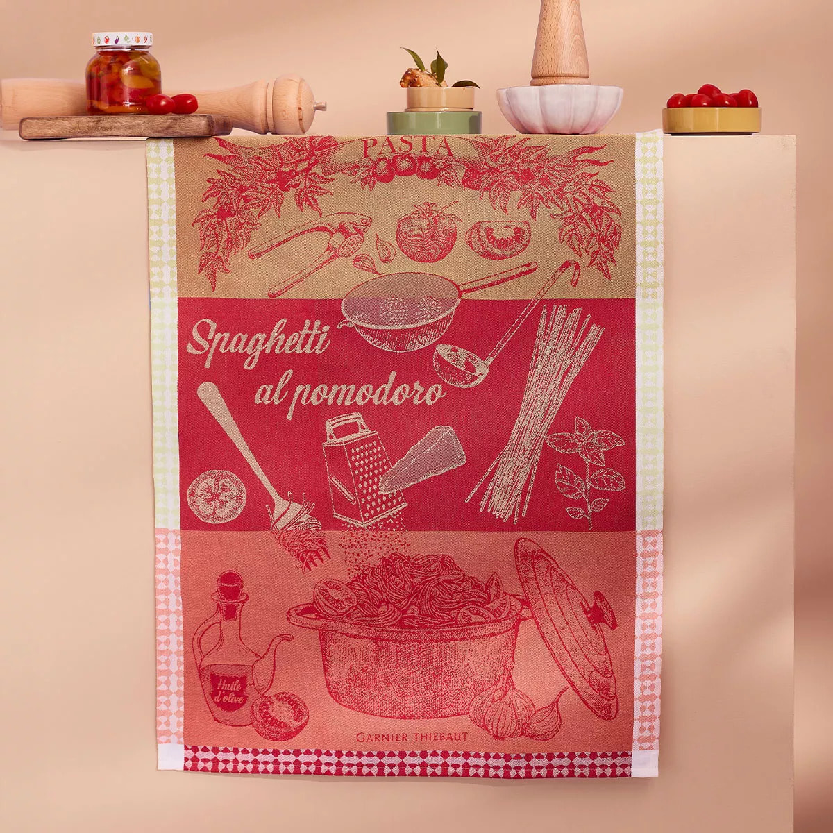Torchon pur coton motif jacquard vert rouge Spaghetti pomodoro basilic