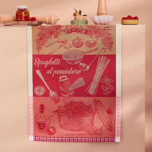 Torchon pur coton motif jacquard vert rouge Spaghetti pomodoro basilic