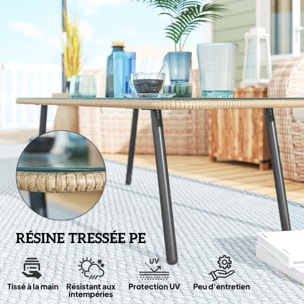 Table basse de jardin style Acapulco piètement incliné acier noir résine filée effet naturel plateau verre trempé