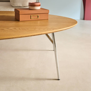 Table basse triangulaire pieds chromé et décor bois EZIA