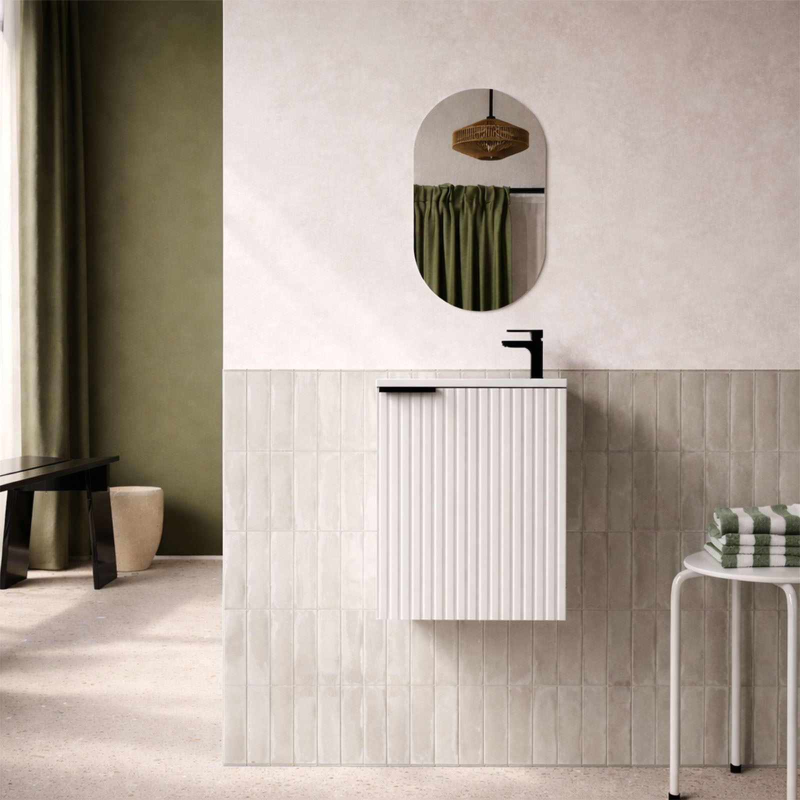 Ensemble meuble lave mains MDF ondulé blanc 40x50x22cm et miroir ovale - MILO