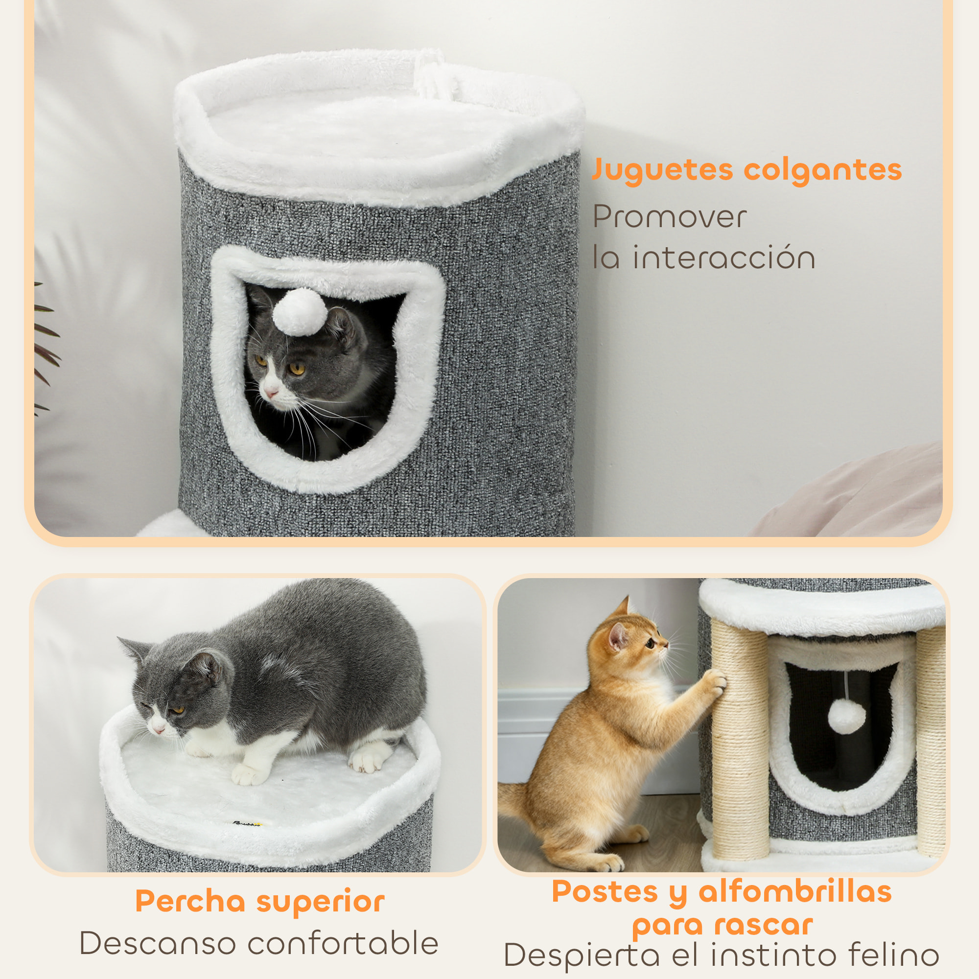 Árbol Rascador para Gatos, Árbol para Gatos 76 cm, Torre Escalador con Cama, 2 Cuevas, Postes de Sisal, Alfombra de Rascado, Bolas para Jugar, Gris