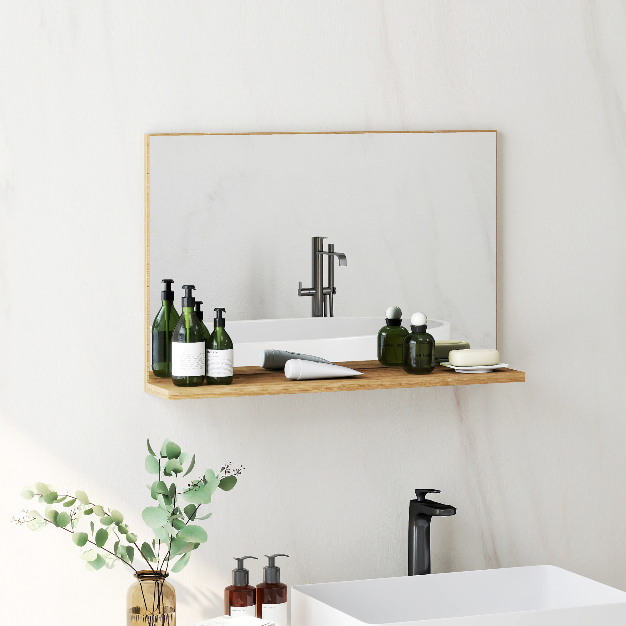 Espejo de Baño con Estante Abierto, Espejo de Pared, Estilo Moderno, para Entrada, Pasillo, 60x12x40 cm, Madera Natural
