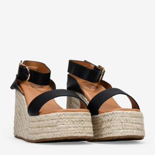 Sandalias negras con cuña y plataforma de esparto