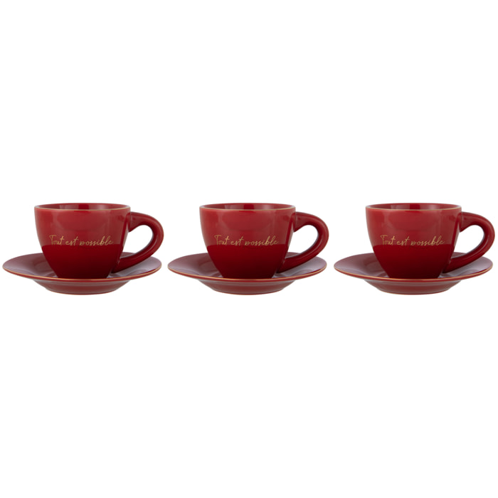 J-Line tasse + sous-tasse 'Tout Est Possible' - porcelaine - rouge/or - 3 pcs