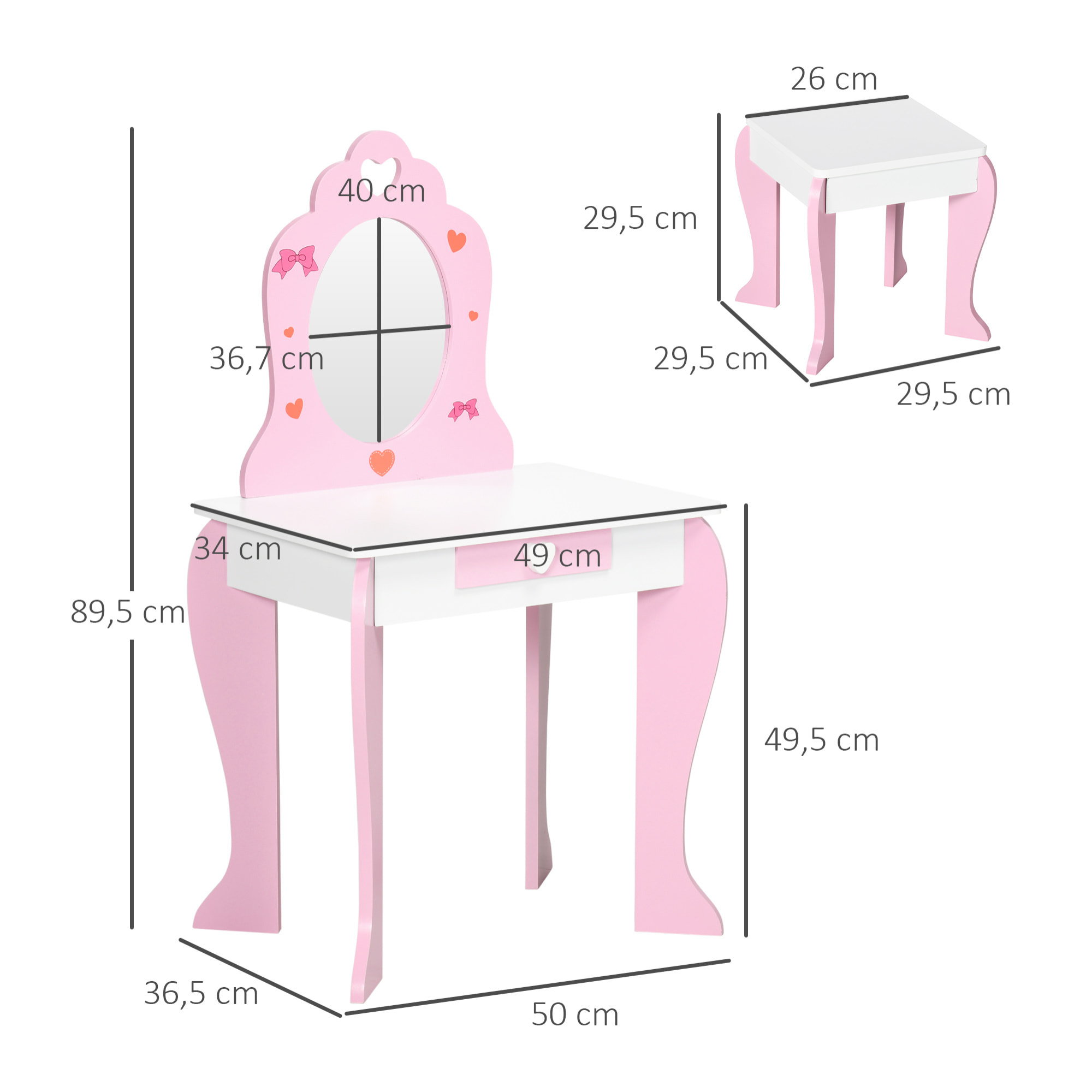 Tocador Infantil de Madera Tocador para Niñas con Taburete y Espejo Tocador de Maquillaje para Niñas de 3-6 Años con Cajón 50x36,5x89,5 cm Rosa