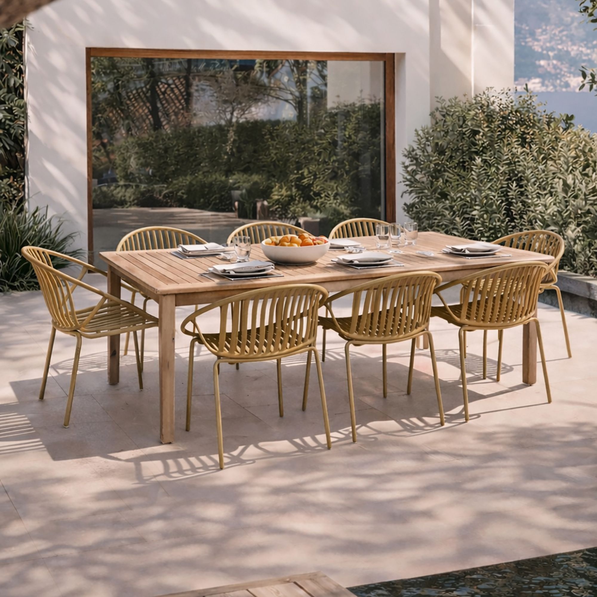 Ensemble de jardin table en bois d'acacia et 8 fauteuils ocre CALYPSO