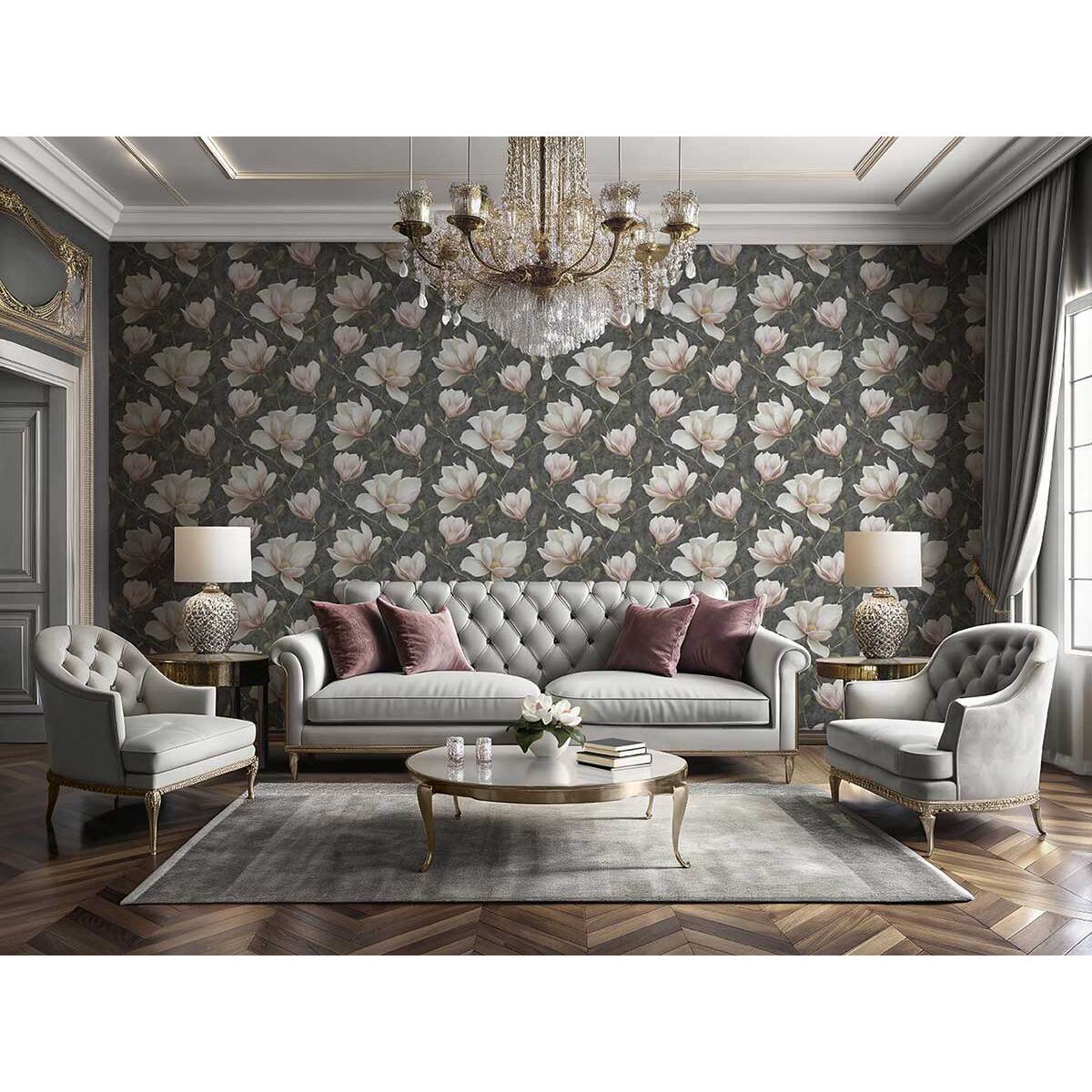 Papier peint magnolia blanc fond anthracite