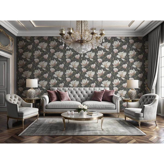 Papier peint magnolia blanc fond anthracite