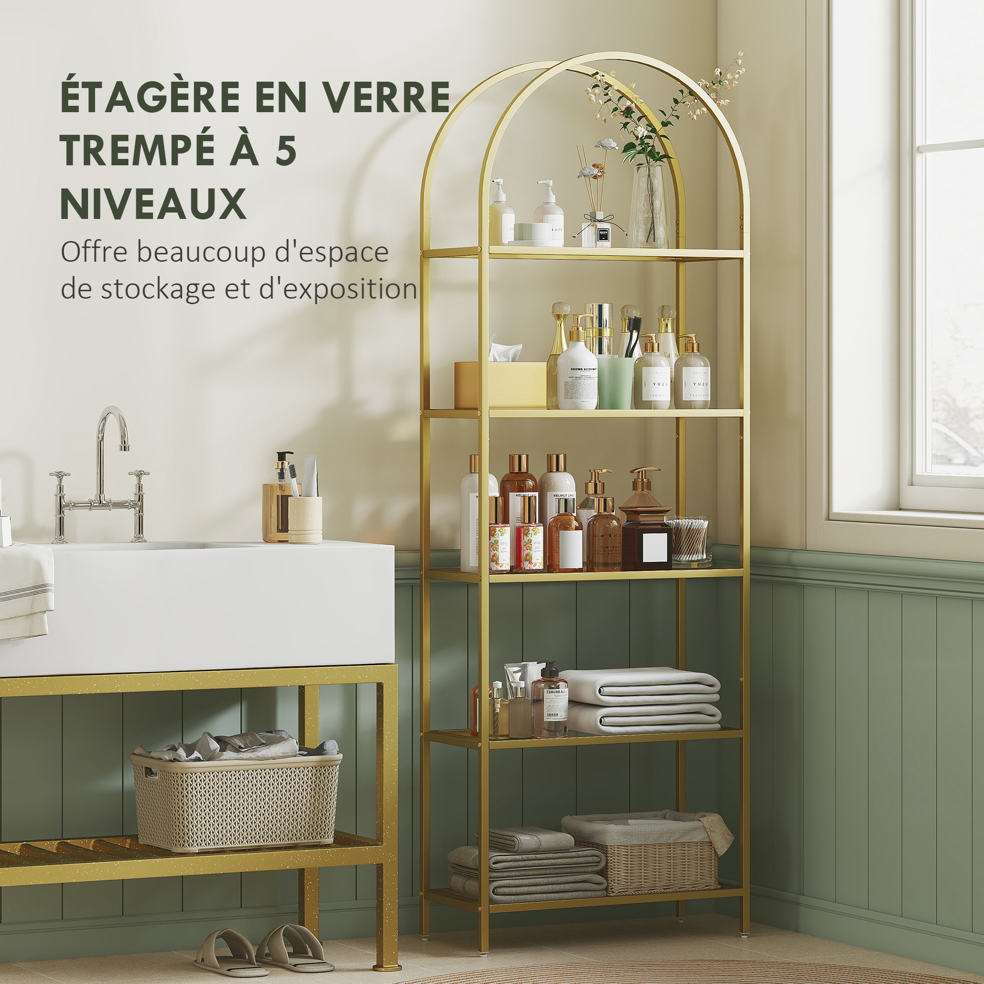 Bibliothèque design art déco structure métal doré étagères verre trempé dim. 60 x 30 x 175 cm