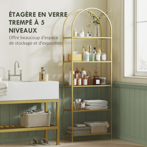 Bibliothèque design art déco structure métal doré étagères verre trempé dim. 60 x 30 x 175 cm