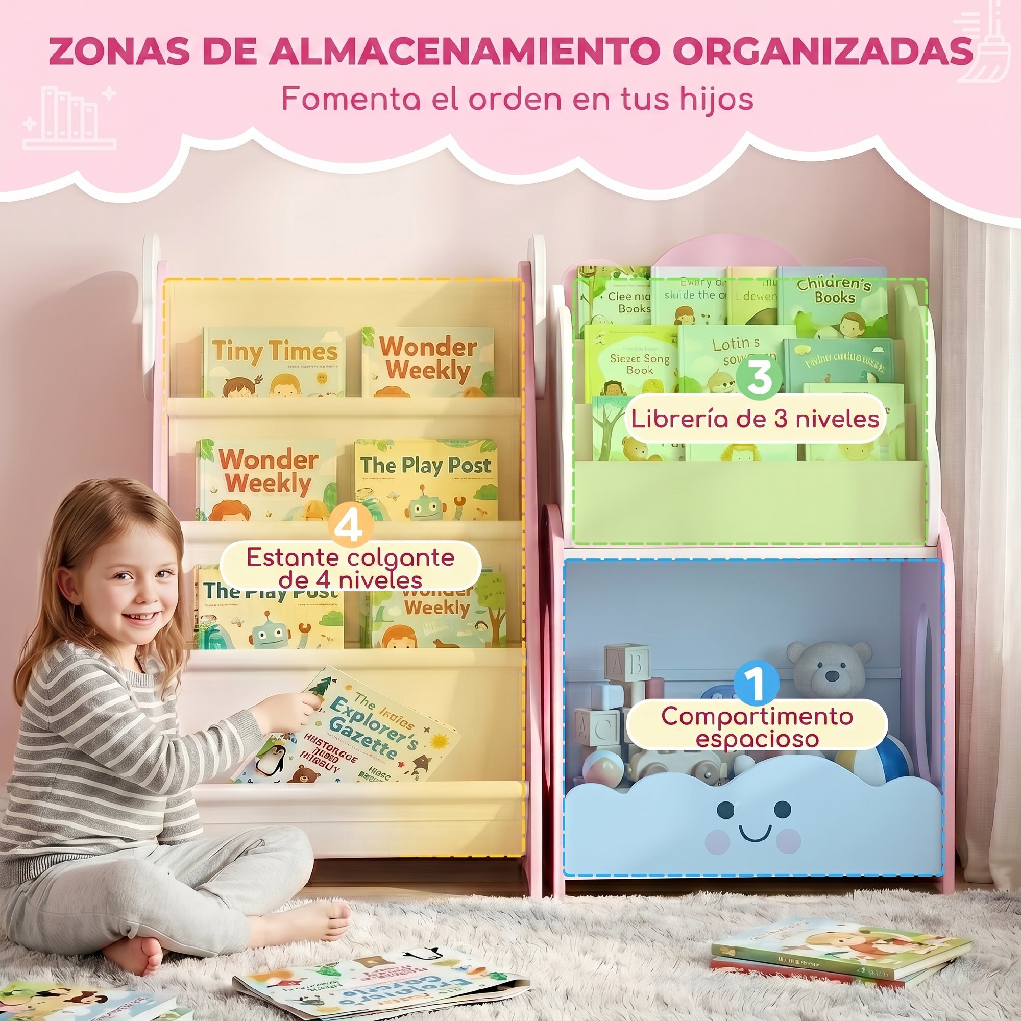 Estantería Infantil para Juguetes 3 en 1, Organizador de Juguetes con Librería, Revistero y Mesita de Noche, para Niños 3-8 Años, para Dormitorio, Sala de Juegos, 85,5x32x72 cm, Rosa