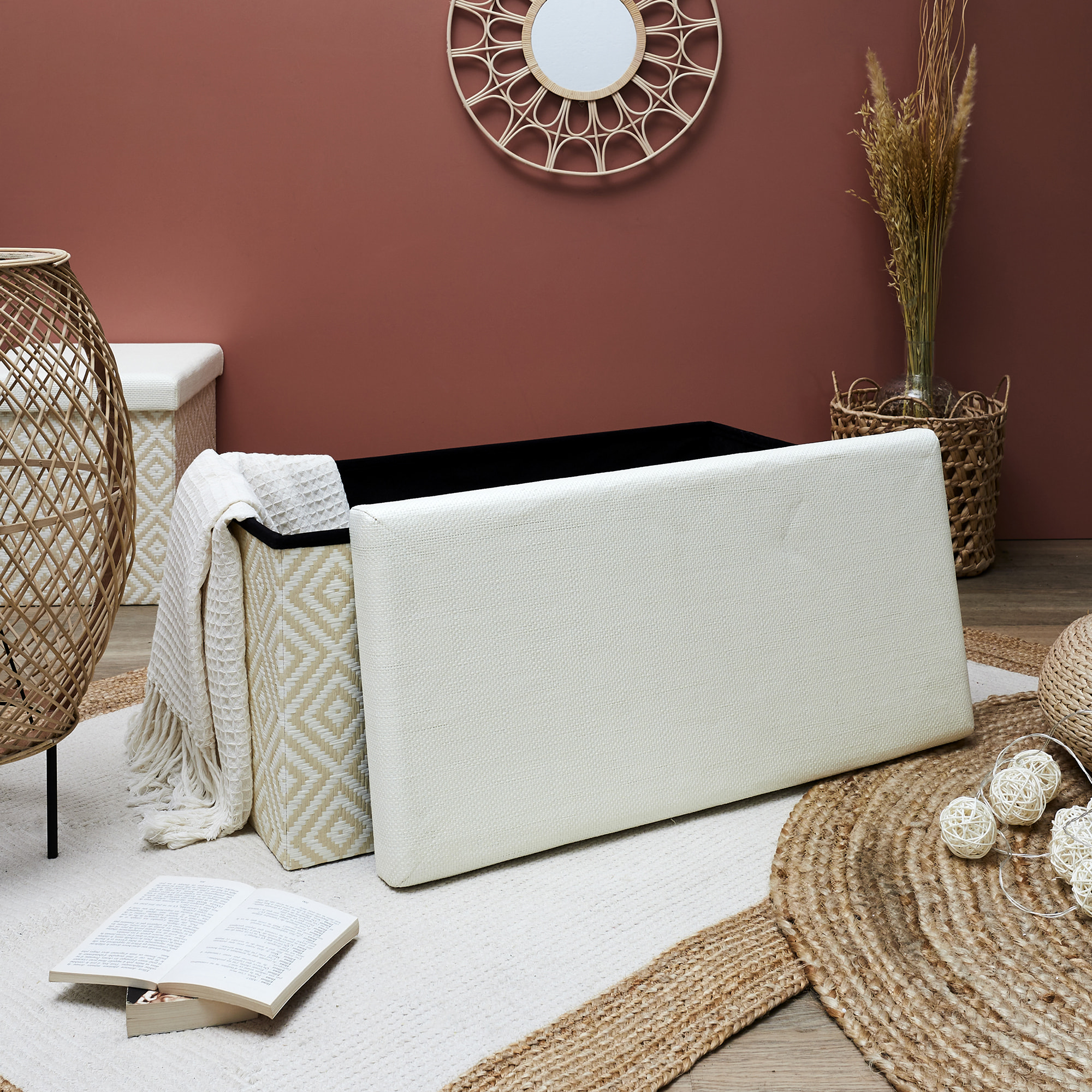 Coffre Banc Pliable Tresse Blanc
