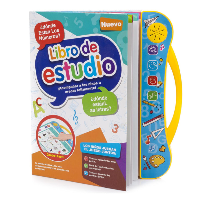 Study Book, libro elettronico educativo con suoni, bilingue in spagnolo e inglese. Attività matematiche, linguistiche, creative.