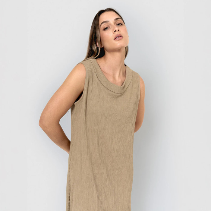 Vestido midi cuello drapeado algodón lino cuerda