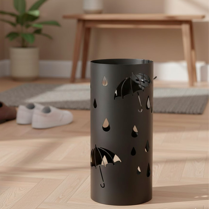 Portaombrelli Rotondo In Acciaio Zincato Con Vaschetta Scolapioggia E 4 Ganci Removibili Base Antiscivolo Design Moderno Ingresso 41 x 17 Cm Nero