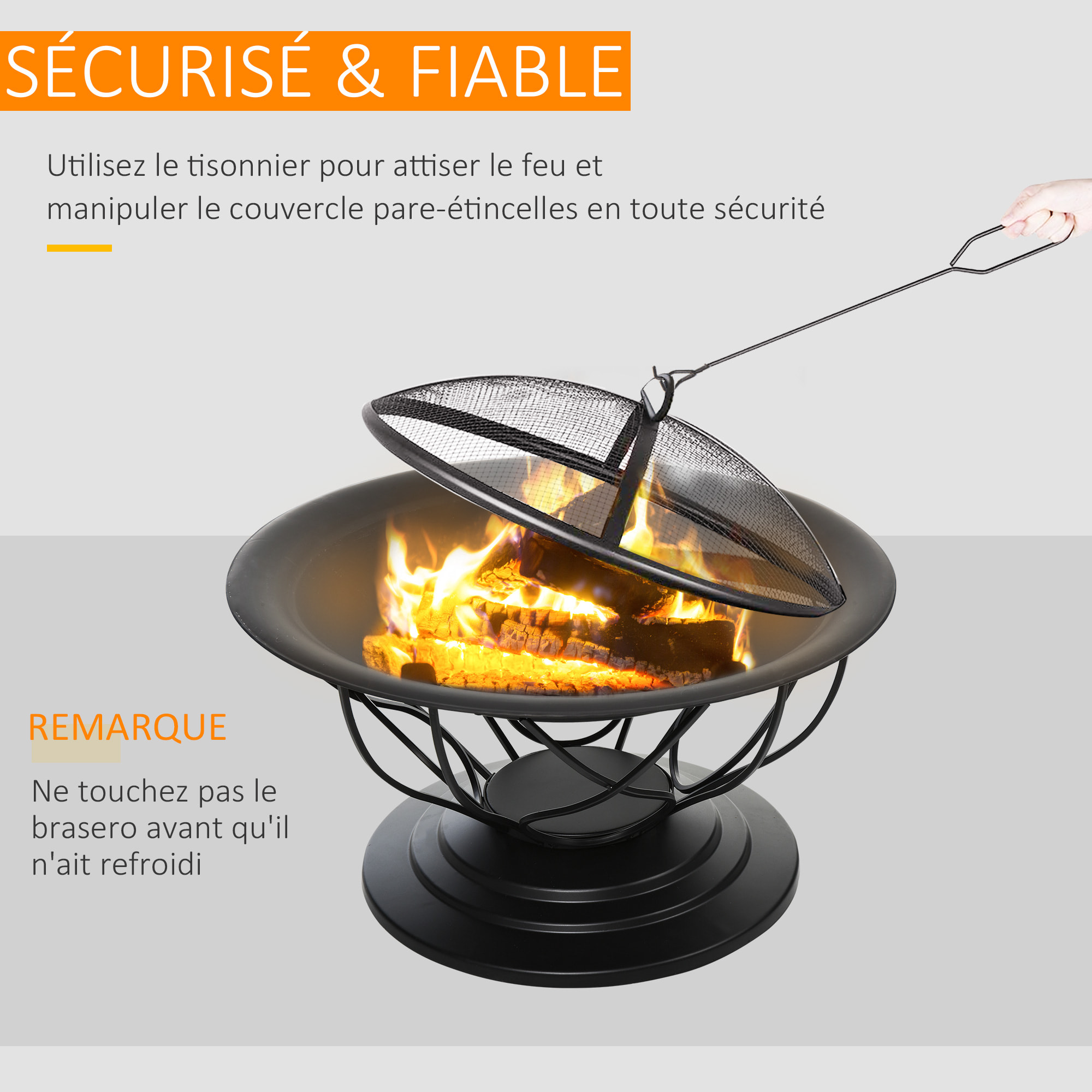 Brasero boule de feu cheminée foyer extérieur Ø 75 x 55H cm grille à charbon + cuisson couvercle tisonnier métal noir