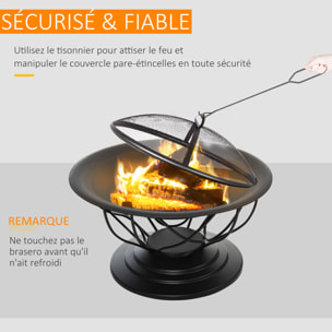 Brasero boule de feu cheminée foyer extérieur Ø 75 x 55H cm grille à charbon + cuisson couvercle tisonnier métal noir