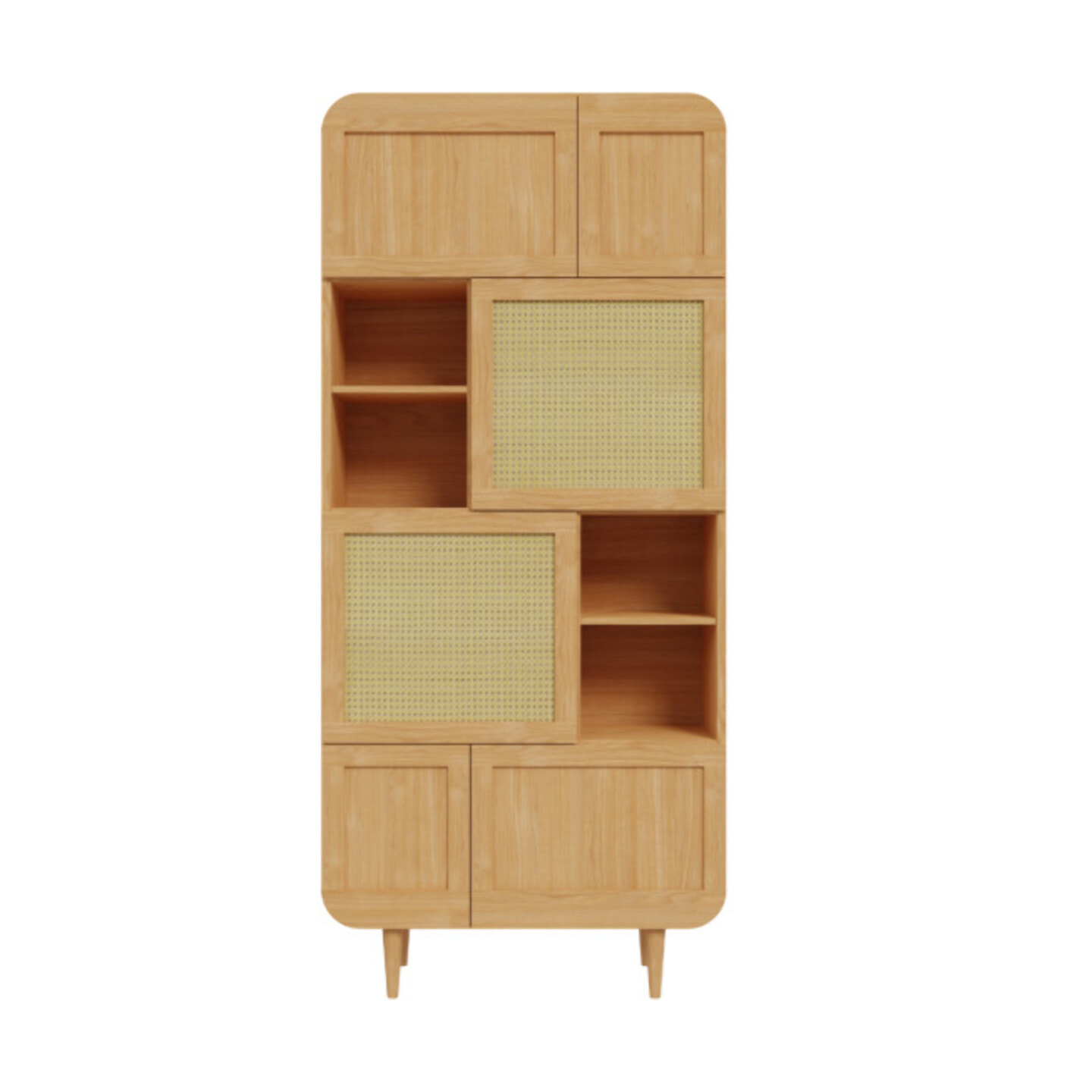 Vaisselier 212 cm 6 portes rotin décor chêne angles arrondis - BEVERLY