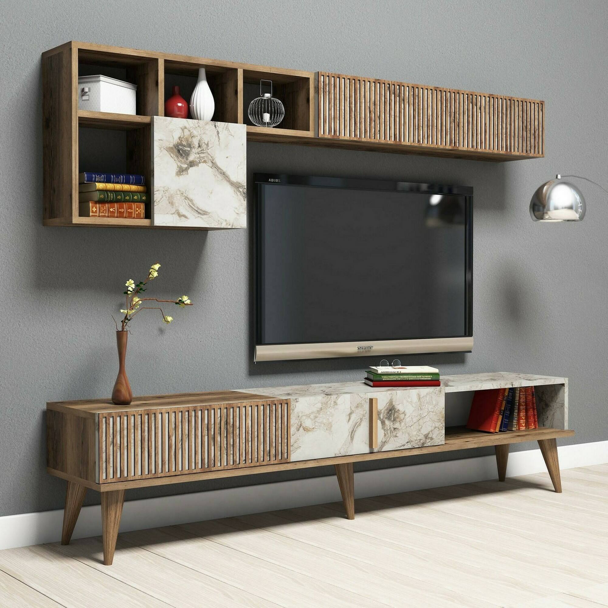 Parete attrezzata Dmalavas, Composizione soggiorno, Mobile salotto multiuso, Armadio porta TV, 180x35h40 cm, Noce e Bianco Marmo