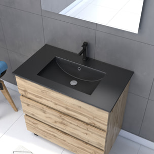 Meuble salle de bains 80cm décor chene naturel 3 tiroirs - Vasque noire et Miroir Led - TIMBER