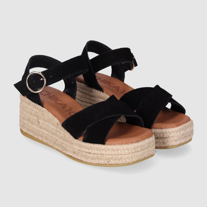 Sandalias de Serraje - Negro - Tacón: 6 cm