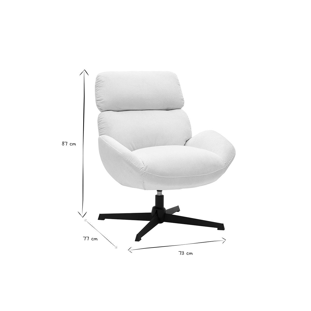 Fauteuil pivotant en tissu velours côtelé écru et métal noir KLEM