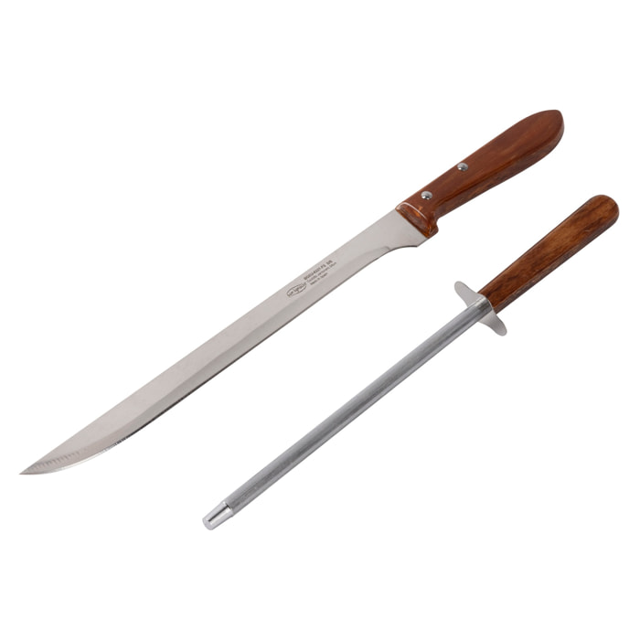 Set cuchillo jamonero + chaira hierro + madera prensada con mango san ignacio