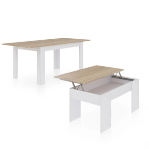Pack mesa de comedor 140 y mesa de centro Vita Blanco Artik (Blanco Mate) - Roble Canadian