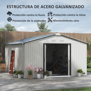 Caseta de Jardín Exterior, 12,4 m² 340x386x200 cm, Cobertizo de Jardín Exterior Metálico con Puerta Corredera, Base Refuerzo (Suelo NO Incluido) y Ventanas Blanco