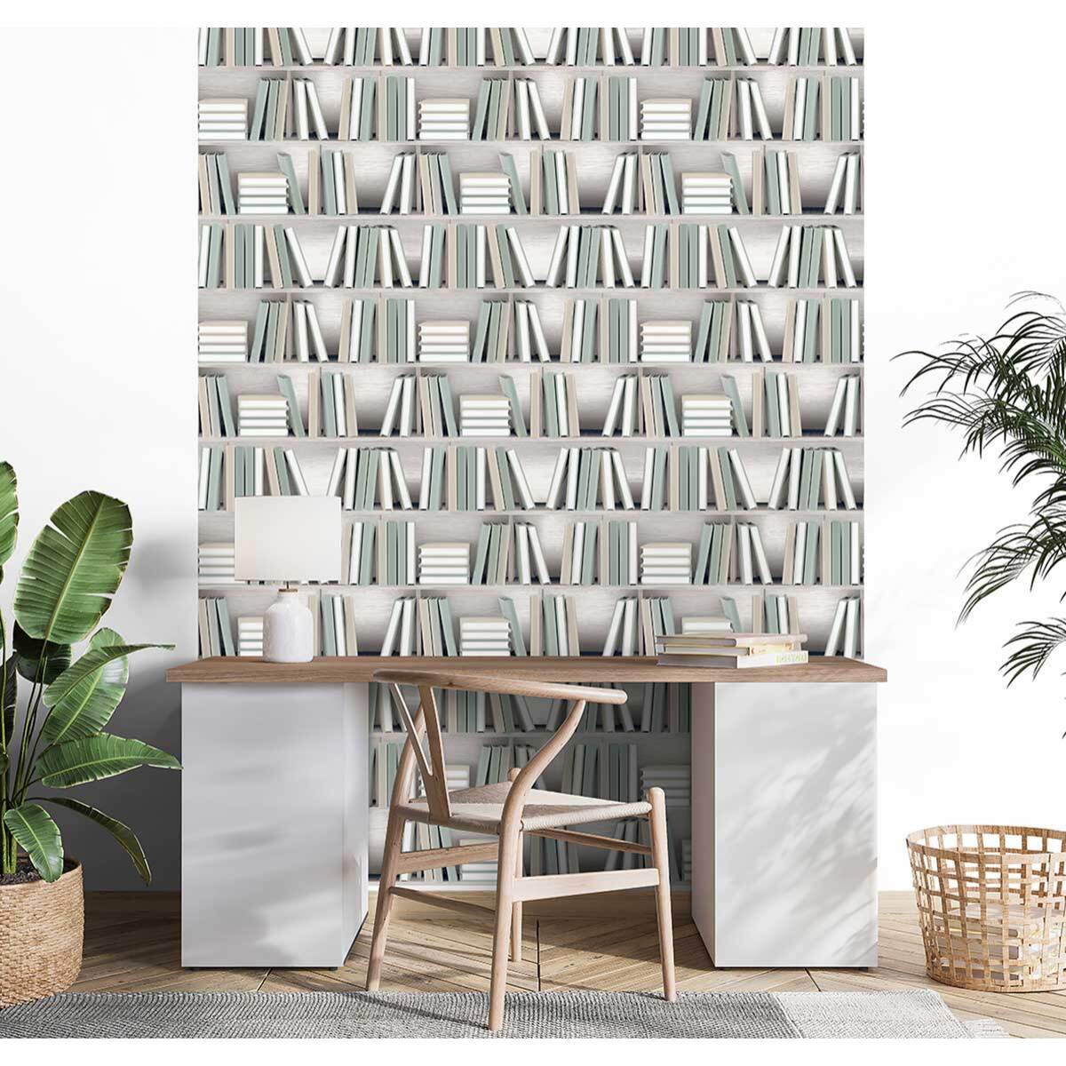 Papier peint étagère livres pastel moderne