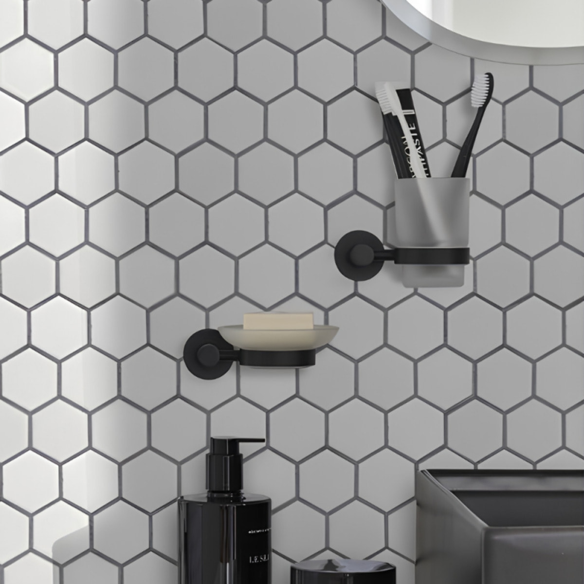 Porte serviette + patère + porte savon + gobelet Eo noir mat