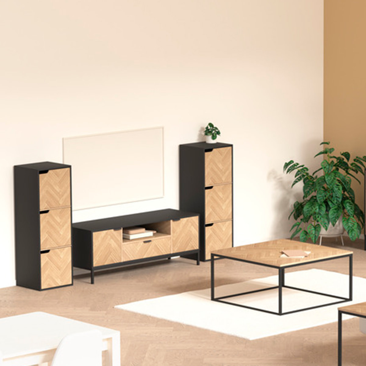 Meuble TV "Chevrons" 3 portes effet bois et noir 120x40cm