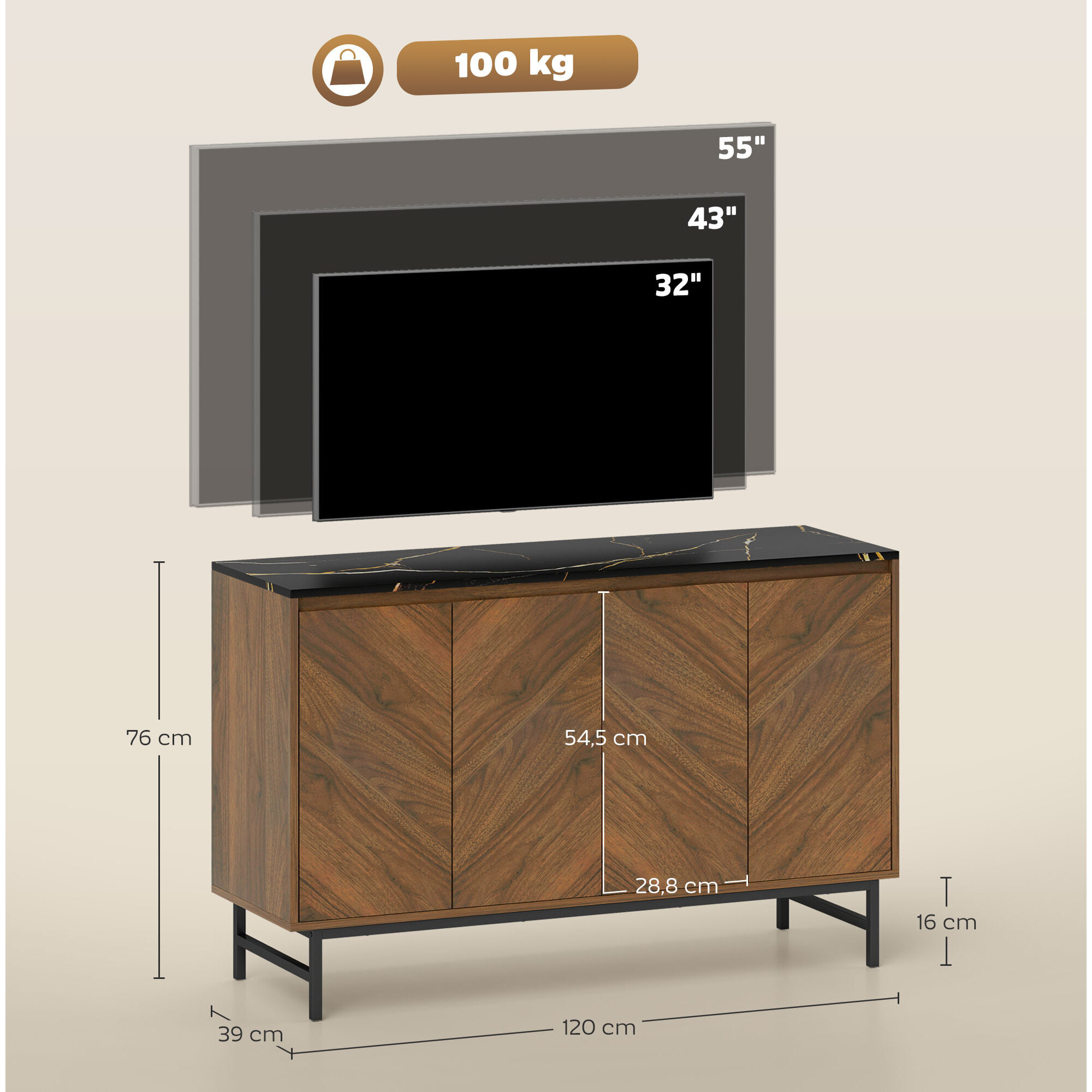 Meuble TV 120 cm, pour téléviseur jusqu'à 55 pouces avec 4 portes, plateau effet marbre, étagères réglables et pieds en acier