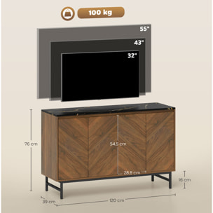 Meuble TV 120 cm, pour téléviseur jusqu'à 55 pouces avec 4 portes, plateau effet marbre, étagères réglables et pieds en acier