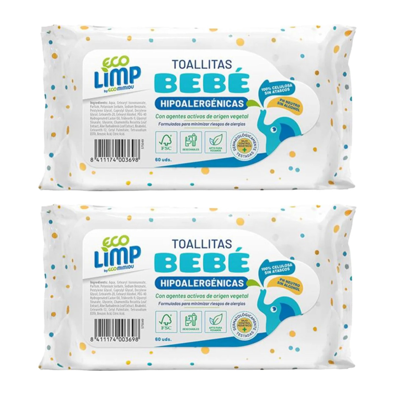 Pack 2x Toallitas Bebé Mimidu ECO 60 Uds