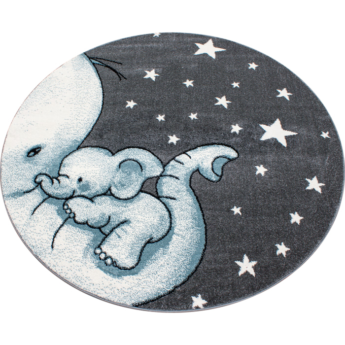 KIDS - Tapis enfant rond à motif elephant bleu - KID0560BLE