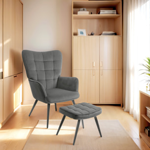 Fauteuil lounge style scandinave avec repose-pied assorti piètement incliné effilé métal noir aspect velours gris