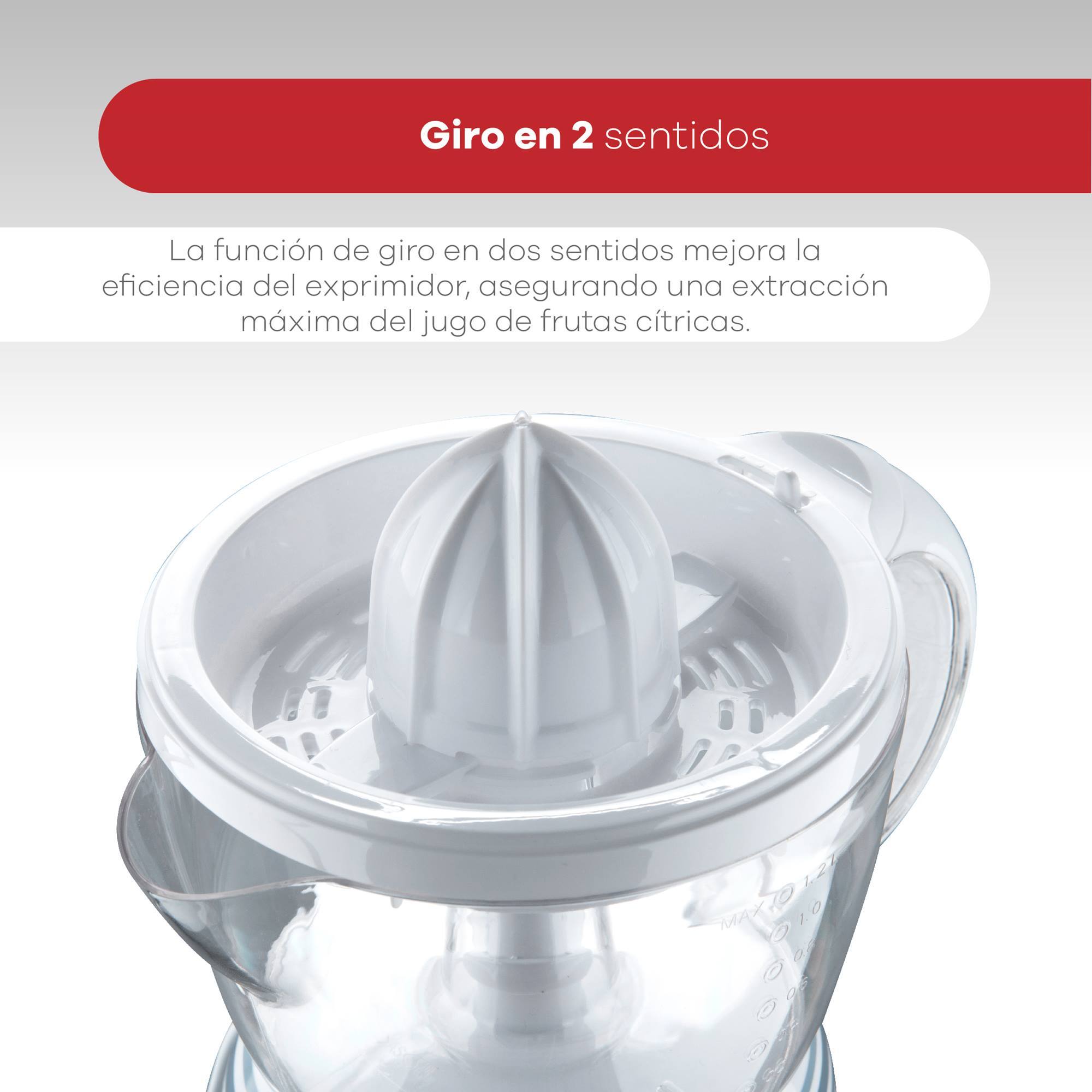 exprimidor de 40w de potencia - capacidad de 1.2 litros - arranque y parado automático - 2 conos para 2 tipos fruta