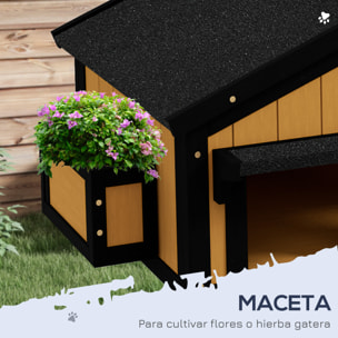 PawHut Casa para Gatos de Madera con Macetero 96x65x85,5 cm Caseta para Gatos de 2 Niveles Refugio para Gatos con Techo Asfáltico Ventana y Múltiples Entradas para Interior y Exterior Natural