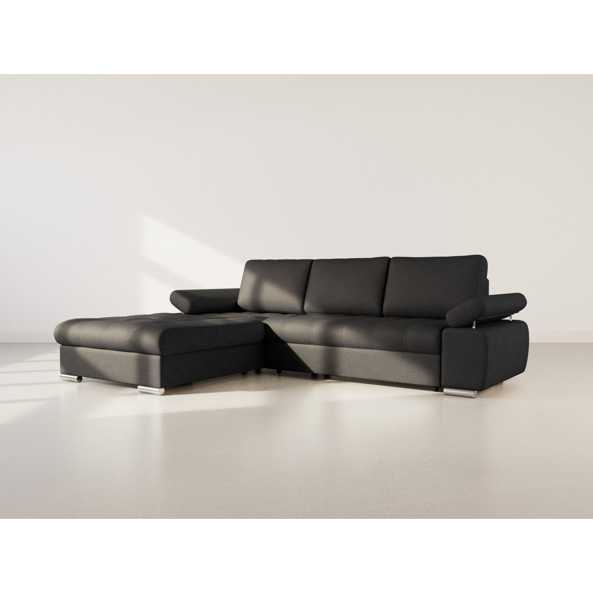 Bianca - Canapé d'angle gauche 4 places convertible avec coffre en tissu texturé - Noir