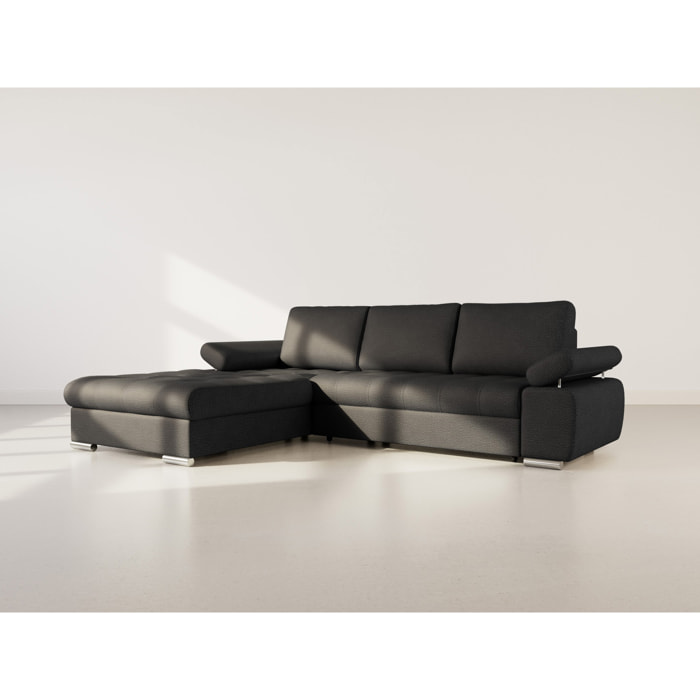 Bianca - Canapé d'angle gauche 4 places convertible avec coffre en tissu texturé - Noir