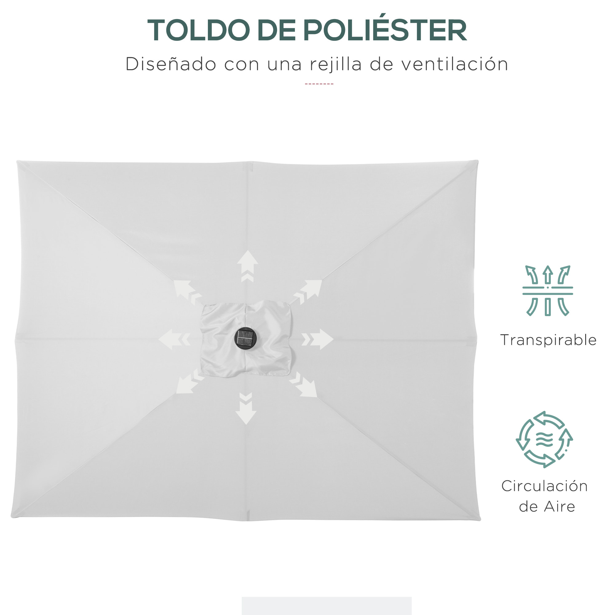 Sombrilla Terraza Exterior 268x205x248 cm Sombrilla de Jardín con Techo Inclinable hasta 45° Luces LED Solares Poste de Acero y Manivela Parasol para Patio Terraza Blanco