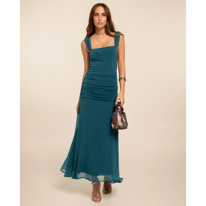 Vestido midi con cuerpo drapeado y falda de gasa