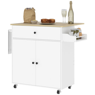 Isla de Cocina con Ala Abatible Carrito de Cocina Mueble Auxiliar de Cocina con Ruedas 2 Puertas Cajón Especiero Toallero y Estante Ajustable 106x42x87 cm Blanco y Roble