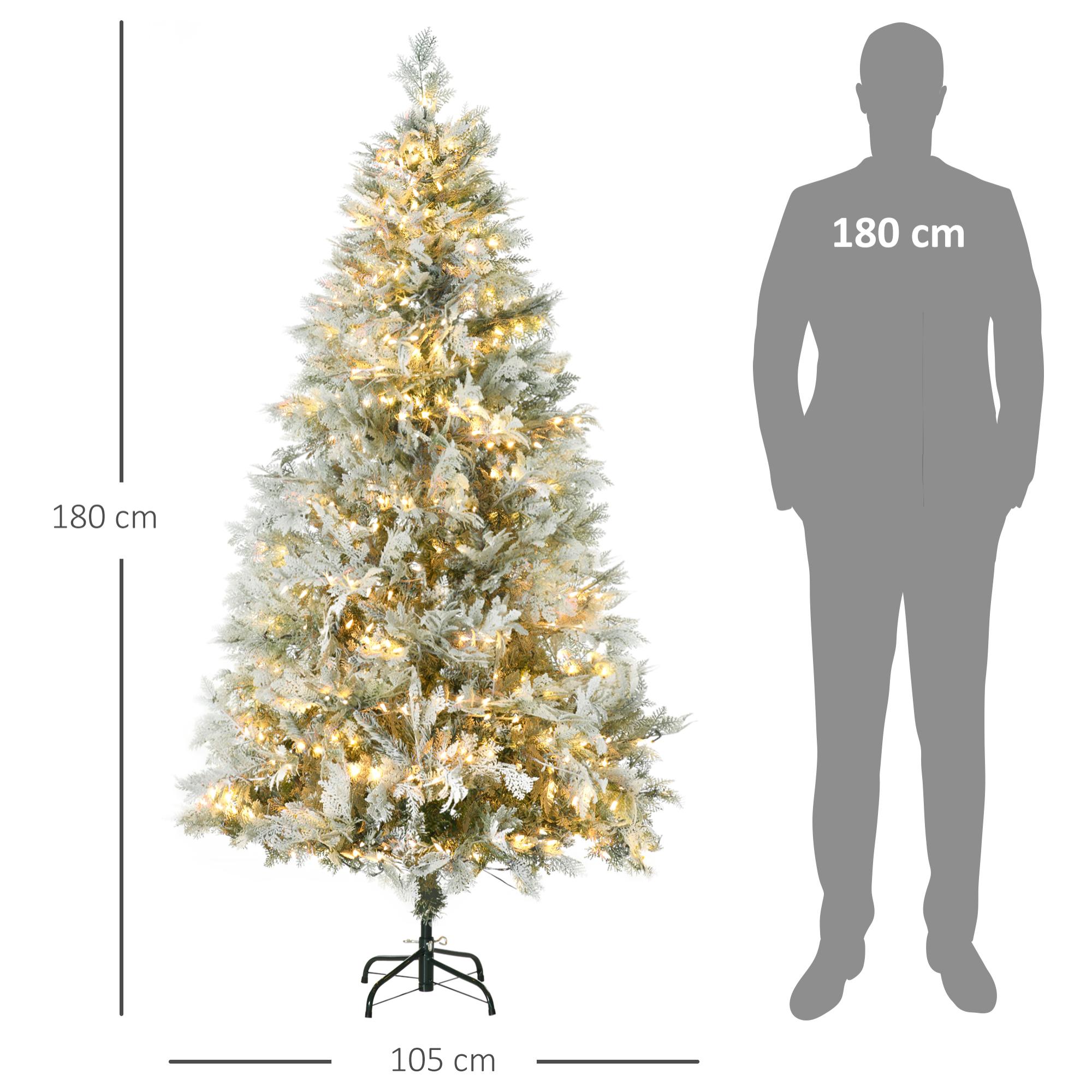 Árbol de Navidad Artificial 180 cm con 300 Luces LED Blancas Cálidas Árbol de Navidad Nevado con 577 Ramas Forma de Ciprés Base Plegable Decoración Navideña