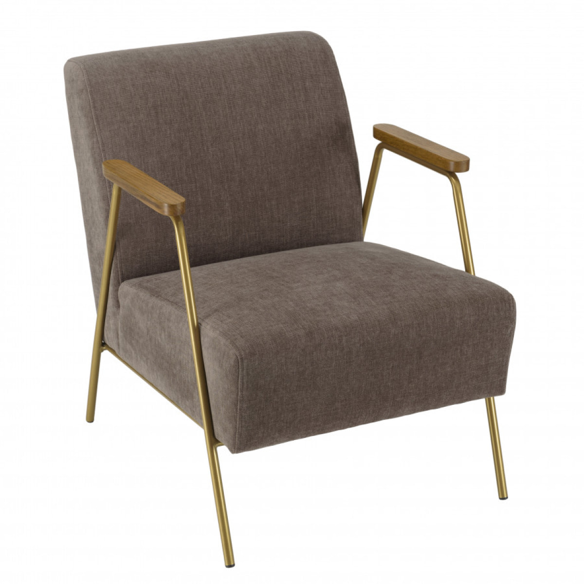 ALBANE - Fauteuil lounge tissu taupe métal doré accoudoirs bois